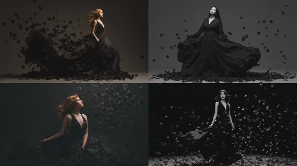 "一位穿黑色长裙、深v领口的女子在风中飞舞，数百朵黑玫瑰如雨落下，黑色工作室背景，超现实风格，动态构图，飘逸长发，冷艳表情，暗黑美学，高对比度，慢门摄影，侧逆光，花瓣飘散，深邃眼神，神秘氛围，优雅姿态，黑色调，丝绸质感，风动效果，电影感。"