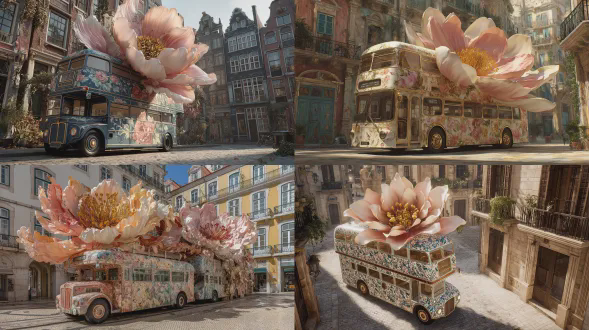 超现实城市艺术场景，一辆完全包裹着精致花卉图案的双层巴士，从车顶冒出一个巨大的超写实绽放花朵雕塑，花瓣呈柔和的粉红色、桃色和奶油色调，复杂的金色雄蕊，坐落在有着华丽外墙和锻铁阳台的欧洲历史城市的鹅卵石街道上，温暖的阳光投射出真实的阴影，超细节，柔和的柔和色调调色板，电影构图