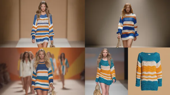 一件蓝白橙条纹船领针织迷你连衣裙，宽松休闲版型，模特展示风格。一位二十多岁、留着金色长发的超模走在t台上，面向镜头，手提手包。背景是复古米灰色
