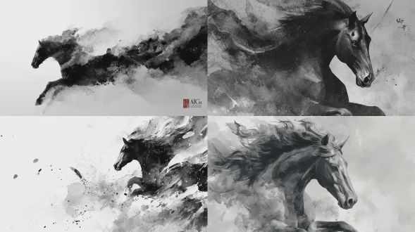aicg动态水墨画，有力的马剪影从右下角向整个画布扩散，柔和的墨水模糊扩散纹理，简约东方美学，优雅的黑白色调带细微灰色渐变，奢华酒庄艺术装置氛围，流动的笔触，高对比度，超细节墨水纹理，16k分辨率，逼真光影，宽幅墙面展示l
