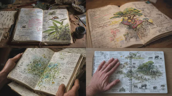 一页手绘的页面，满是生物学家对神话生物的记录，有拇指大小的小人殖民地生活在斯里兰卡雨林中，包含绘图、注释，用彩色铅笔稍作着色，且让页面看起来像超写实渲染