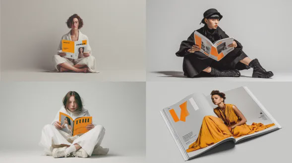 极简主义编辑杂志摄影 一个女孩坐在地板上 拿着一本打开的时尚杂志 封面有大胆的现代排版 哑光黑色首页 光滑的衬线字体 鲜艳的橙色 accents 孤立在白色平面背景上 极简主义高级时尚设计美学 超写实纹理 印刷风格生活方式品牌拍摄 获奖照片 高分辨率图像 adobe 素材库