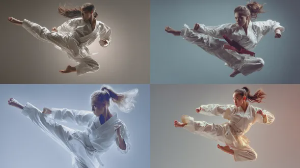 年轻女性穿着白色空手道服，头发扎成马尾，动态对打姿势，腾空侧踢，表情专注自信，透明背景，高光细节，运动模糊，高速快门，全身构图，冷色调，强对比度，动态张力，逼真皮肤纹理，武术氛围，力量感，专业摄影棚灯光，干净利落