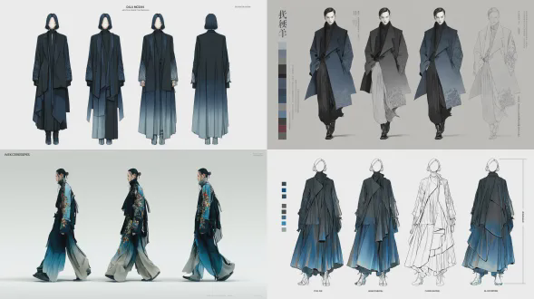 模特以全身正面行走姿势展示，风格为扁平服装插画。一位女性模特穿着宽松的黑色渐变风衣，具有现代解构主义风格。风衣采用不对称剪裁、多个褶皱和高领设计，让人联想到亚历山大麦昆的女装秋装系列与粤剧元素结合。风衣由四层薄纱丝绸面料制成，带有粤剧“五福”图案的手工提花，配有飞袖面板。呈现从浅灰色到深蓝色的渐变色彩。风衣有长袖，整体造型更具先锋和概念感