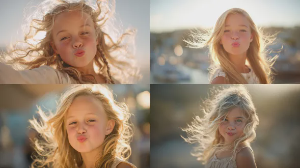 面带微笑的12岁金发女孩向镜头飞吻，头发在风中飘动，浅色连衣裙，柔光背景，自然光，逆光，浅景深，85mm镜头，中性色调，温暖氛围，青春活力，散景效果，柔和阴影，高清晰度，优雅姿态。