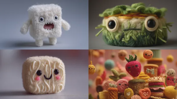 一件可爱的三维羊毛刺绣[食物]，[动作]雕塑。具有可见的毛茸茸纤维、柔软的压毛纹理和微小的塑料安全眼睛……在[灯光+背景描述]中突出显示。