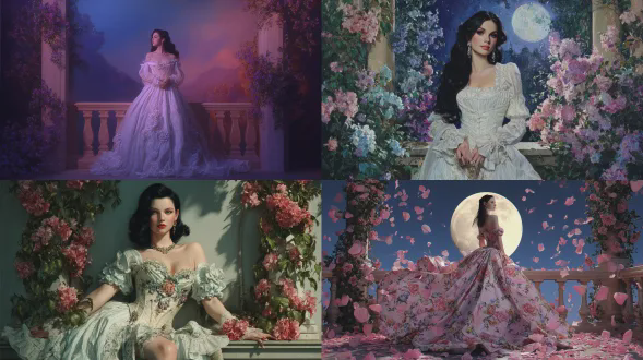 全身肖像，美丽的女性超模，完美的解剖结构，完美的白皙皮肤、黑发、蓝眼睛的特征，穿着受布里奇顿启发的摄政风格礼服，站在月光照耀的阳台上，鲜艳的春天色彩，动态的光线，魔幻现实主义，非常粗糙的油画风格与迈克尔帕克斯风格融合，浪漫幻想，电影感，高清