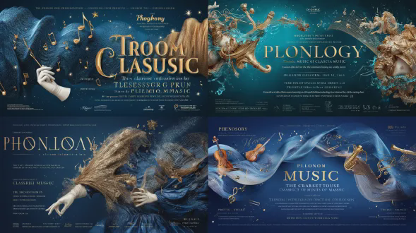 高端古典音乐音乐会海报设计，主题为“音韵学：古典音乐音乐会——古典音乐的形式与纹理”。背景是深深蓝色渐变搭配精致星星状点缀。核心视觉元素：古典乐器（小提琴、中提琴、法国号、长笛）与半透明流动光线的流体形状（类似水波纹和金色丝绸）融合，可视化“声音的形状”。配有半透明白色袖套：一只手挥动金色指挥棒，另一只手弹奏钢琴键，有光影和朦胧线条。周围有金色流动光线的音符和高音谱号，带有闪烁星星效果。质感：乐器展现逼真的木质/金属质感；流体有半透明光泽并带金色高光，整体高端精致。风格：优雅梦幻，结合古典艺术与现代流体视觉；主色调为深蓝色、金色和白色。排版：顶部用大号奢华金色字体写主标题“音韵学：古典音乐音乐会”，下方用较小字体写副标题“——古典音乐的形式与纹理”+英文“phonology: the form & texture of classical music”。中间有显著白色标语“聆听声音的形状”。底部白色小字信息栏：“日期：xx月，20xx，19:30；场馆：xx艺术中心；票价：¥180/280/380/580/880（vip）；表演团体：xx管弦乐团（国际知名乐团，获奖）；特别嘉宾艺术家：xx（顶级小提琴家，技艺精湛）”。布局无多余元素，营造宁静艺术氛围