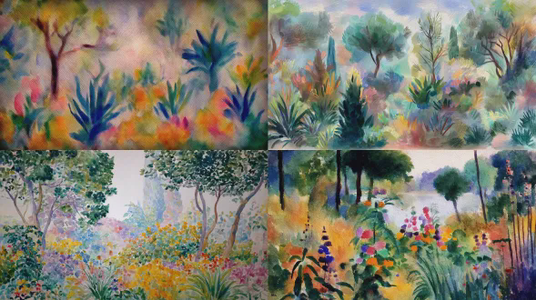 花园，亨利马蒂斯的一幅描绘有色彩斑斓植物和树木的花园的画作，一幅美丽的花园景观，水彩风格，色彩柔和，背景模糊，笔触可见。油画风格