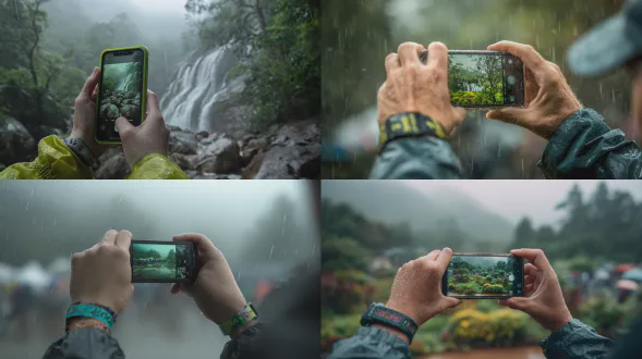 过肩视角拍摄一名游客手持智能手机，录制雾蒙蒙的艾德尔高原和瀑布的视频，手机屏幕清晰显示鲜艳的绿色景观，而背景略显模糊，戴着旅行社的腕带，穿着雨衣质感，捕捉回忆，写实旅行摄影风格
