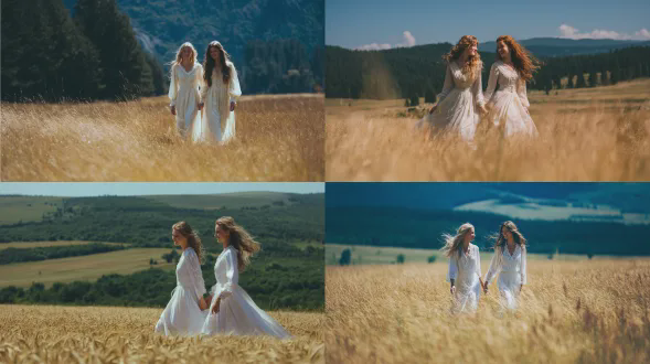 两位年轻的欧洲女性模特，一位有着波浪状的金发，另一位有着棕色头发，身着奢华优雅的白色长袖丝绸拖地长裙，袖口或领口有法式蕾丝，手牵手走过广阔的金色草原。裙摆和头发在风中自然飘动。从远处拍摄，主体集中在屏幕的黄金分割点附近，人物侧影，互动表情自然微笑。背景是广阔的金色草原，远处茂密的绿色森林，明亮阳光下清澈的蓝天。自然光从侧面照亮场景，在人物上营造出柔和的明暗对比。草原纹理细腻，微风轻拂。主要颜色是金黄色、白色和蓝色，营造出温暖、自由且充满活力的氛围。摄影风格是户外商业摄影，焦点清晰，浅景深，背景自然模糊。杰作，8k，超高细节，逼真。宽高比16:9 风格原始v 7.0 p qkha96k