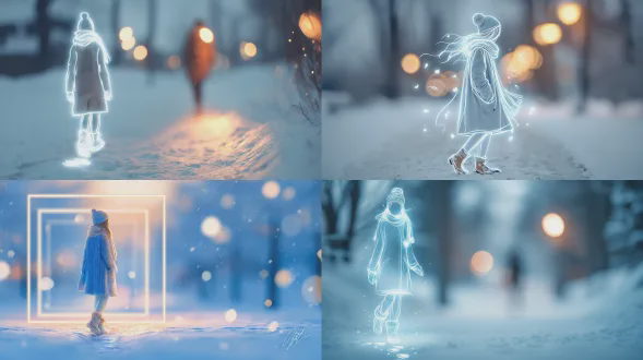 风格：发光霓虹线绘插画融入逼真模糊照片，柔和电影散景背景，发光白色和冰冷蓝色轮廓，轻柔魔幻光芒，细微粒子，梦幻、情感化、舒适冬日氛围，景深，电影灯光，超逼真背景，暖光与寒冷冬日环境对比。冬日公园新鲜积雪的逼真模糊照片，柔和清晨冬日光线，发光白色和冰冷蓝色霓虹线绘女孩走开，穿着长冬衣、羊毛帽、围巾和冬靴，在雪中留下轻柔发光脚印，周围漂浮光粒子，宁静、充满希望的冬日氛围，简约、诗意、电影感