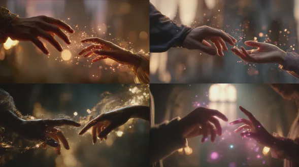 浪漫的慢动作特写，一对男女的手伸向彼此，指尖几乎相触，双手周围有发光的环境光，空中漂浮着魔法粒子，柔和的暖色调调色板，亲密的幻想美学，浅景深，模糊的城堡背景，情感张力，电影般的浪漫幻想氛围，8k