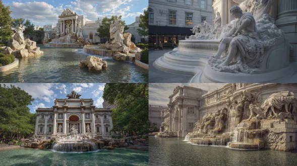 宏伟的市政喷泉作为史诗级的生活叙事雕塑，融合特莱维风格的叙事与安缦超奢华质感，巨大的雕刻石灰岩和大理石，瀑布般的水流流过梯田、裂缝和雕刻的台阶，宁静却戏剧性。中心人物：理想化的美国创始人原型（作为神话领袖的乔治华盛顿），巨大，15 - 20英尺高，英勇，年轻，披着飘逸的古典盔甲和斗篷，从破碎的石头中出现，上方是咆哮却优雅的水流，在广场上引人注目。周围人物： 12 - 15位宏伟的开国元勋，10 - 12英尺高，动态姿势，作为半圆形向中心人物升起互动，手持卷轴、羽毛笔、石板、圆规；传达启蒙理想、团结和牺牲，运动中的手势暗示对话与合作。下部水池：寓言式的革命斗争，以英雄尺度抽象的士兵涌动雕刻，暗示旗帜和鼓，断裂的锁链和皇冠溶解在水中，运动和胜利表现为石头和流动水中的能量，戏剧性却精致。从水中浮现的寓言人物：带着断裂锁链的自由女神，带着桂冠的胜利女神，带着垂下的剑的正义女神，鹰在雾中翱翔，水连接所有动态区域，前景中的微小人类游客增强比例。构图和风格：电影化，宏伟却宁静，安缦奢华质感的梯田与景观整合，微妙的苔藓，温暖的石灰岩和大理石纹理，戏剧性的自然光，史诗却有人间尺度，超细节，逼真，沉浸式叙事，令人敬畏，永恒的宏伟，动态的人类叙事，无现代元素