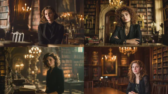 一位二十出头的强势女性，卷曲赤褐色头发，明亮绿眼睛，自信优越的表情，深色学院风服装，坐在宏伟华丽的图书馆内，结实的木桌后专注看书，复古吊灯柔和光线，高耸书架背景，深色调，油画质感，侧光，35mm镜头，典雅庄重，知性魅力