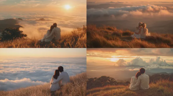 "一对穿白色服装的情侣坐在金色梯田草地相拥，背对镜头，阳光温暖洒落，远眺云海茫茫，高分辨率写实风格，广角镜头，自然光，柔焦背景，层次丰富，暖色调，宁静浪漫，栩栩如生"