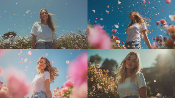 金发长发的女子，穿着白色t恤和蓝色牛仔裤，站在蓝天下的花丛中，发丝随风轻扬，微笑自然，柔和暖光，超细节皮肤纹理，电影级构图，浅景深，85mm镜头，高动态范围，阳光散射，花瓣飘落，温暖愉悦