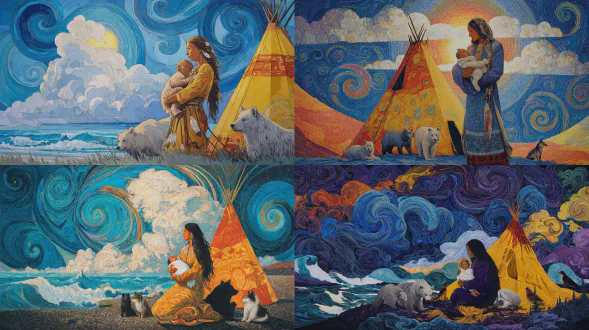 一幅由w. 昆古林风格绘制的大型画作，描绘一位土著女性，她抱着一只小熊幼崽，背景是蓝天和白云。岸边水边有一个用黄色和橙色羽毛鹰羽制成的帐篷。她的长发垂在肩上，周围环绕着狐狸、狼或熊等动物精神的象征。背景中有彩色漩涡，色彩鲜艳、对比强烈、分辨率高、细节丰富