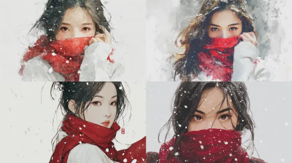 一位长发美丽年轻女子，身着白色棉布，头戴红色围巾遮脸，周围环绕厚重雪花，特写展示上半身，风格为中国水彩画。她的眼睛迷人，面部特征精致，表情冷淡超然。背景纯净，分辨率高清