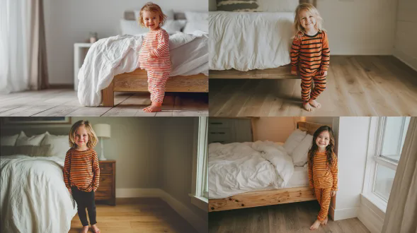 一个穿着橙黑条纹长袖长裤的可爱年轻女孩，赤脚站在卧室的木地板上，靠在铺着白色床单的室内床上，对着镜头微笑，全身照，自然采光，色调柔和，极简室内设计风格，低角度视角