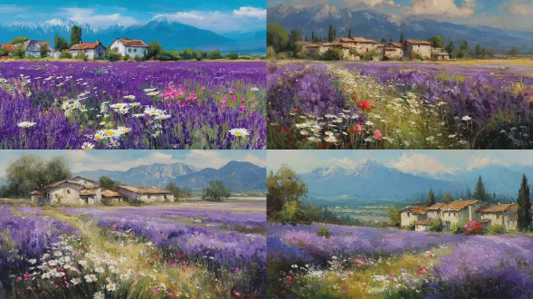 "薰衣草田盛开，山峦云朵背景，前景老房子环绕雏菊玫瑰，画布油画风格，厚重笔触质感，鲜艳紫色薰衣草，白色粉色野花点缀，柔和绿色调风景，广角镜头，自然光，朦胧氛围，宁静情感，印象派笔触，高饱和度色彩，远景层次感。"