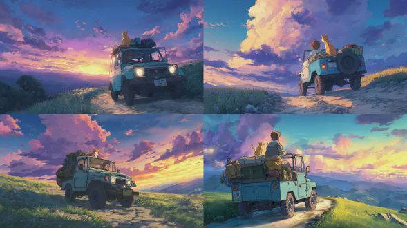 吉卜力工作室风格，从后方稍侧的广角场景，一个短发男子驾驶一辆浅蓝色、粗糙的越野车在蜿蜒的砾石路上，一只姜黄色的猫专注地坐在副驾驶座上向前看，车辆装载着旅行装备。风格与参考图像完全一致：柔和温暖的光线，天空中鲜艳且有层次的颜色（蓝色、紫色、黄色），一种广阔冒险的感觉。构图相同：车辆位于下方且偏右，面向远方。宁静、振奋的氛围。杰作，高细节，最佳质量