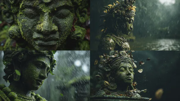 "印度尼西亚森林深处，古老巴龙雕像矗立，青苔覆盖，雨水滴落，忧郁氛围，超写实风格，柔和的自然光，长焦镜头，浅景深，细节丰富，暗绿色调，神秘感，雕像威严而哀伤，树叶飘落，潮湿地面，静谧环境。"