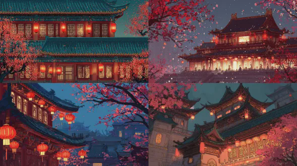 古老宫殿屋檐在暮色中闪耀，红灯与樱花相映成趣，中式建筑插画风格，绯红与金色细腻刻画，屋檐琉璃瓦反光，樱花飘落，灯笼柔和发光，对称构图，黄昏光线，长焦镜头，低角度，高饱和度，中国风，华丽精致，宁静氛围，暖色调，细节丰富，传统元素。
