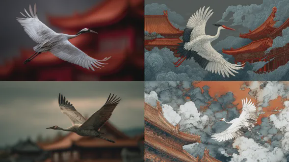 白鹤翱翔天际，下方是橙色古建筑与灰云交织，深灰与浅绯色背景，对称构图，高饱和度，广角镜头，逆光，羽毛细节清晰，古建筑屋顶雕刻精细，动态模糊，柔光，古典水墨风格，层次分明，宁静与自由感。