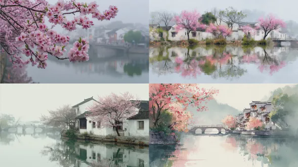 粉桃盛开白墙小桥映水而立，薄雾笼罩河道，柔绿浅粉色粉彩画风，江南春意，对称构图，水彩质感，柔和光线，远视镜头，朦胧氛围，淡雅色调，平静水面，倒影清晰，细腻笔触，诗意盎然
