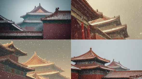 "雪花飘落在金色宫顶，朱墙映衬银灰天空，细腻中式皇家冬景，对称构图，冷色调，微光闪烁，广角镜头，柔焦效果，雪雾朦胧，传统建筑细节，琉璃瓦反光，飘雪动态，静谧庄严，水墨画风格，高分辨率，低角度拍摄，古典美学，冬日氛围。"