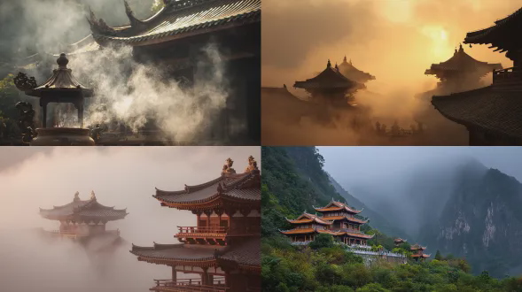 古寺隐于云间，香烟袅袅升腾，氤氲静谧，柔灰琥珀色调，远景构图，雾气弥漫，禅意氛围，广角镜头，低饱和度，柔焦效果，逆光散射，木质建筑细节，飞檐翘角，香炉青烟，飘渺空灵，静谧祥和。