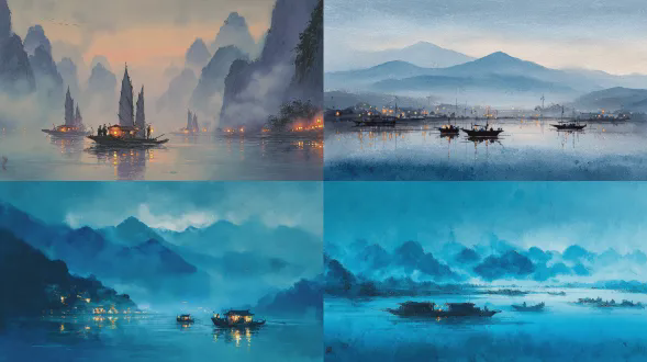 渔舟灯火点点，暮色江面寒气微凝，远山隐于薄雾，山水画风格，柔和暖光与冷蓝交织，低饱和度，细腻笔触，水墨渲染，广角镜头，远距离构图，薄雾效果，静谧氛围，诗意悠远，层次分明，留白艺术，宁静致远。