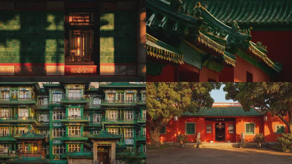 青瓦红墙层叠有序，阳光投射暖金光晕，对称的中式建筑画面庄重而优雅，全景构图，低角度拍摄，对称美学，黄昏光线，暖色调，长焦镜头，细腻纹理，古典建筑，宁静氛围，金色光晕，庄重感，传统中式风格，几何对称，光影交错，沉稳优雅。