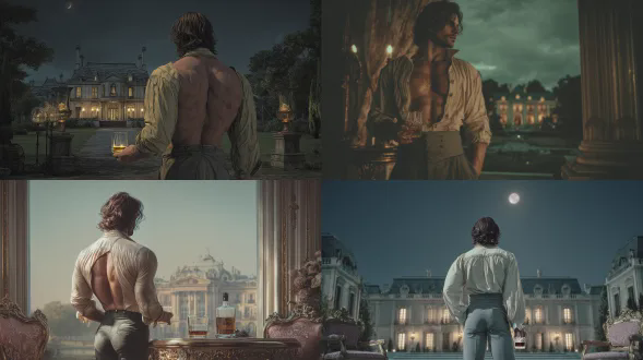 英俊伯爵背对站立，肌肉健硕，深色波浪发，紧身灰色马裤，优雅奶油色衬衫，手持威士忌，远眺月光庄园，超写实壁画风格，楼上主卧阳台，冷色调月光，柔和高光，文艺复兴光影，广角镜头，低视角，宁静沉思，奢华古典家具，细腻纹理，暗部细节丰富，威士忌琥珀反光。