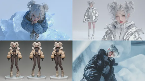 可爱银发少女，大眼双眼皮，身穿羽绒服，风格为 y2k 美学。她站在冰块上。全身照。全身肖像。渲染风格参考 kawacy 和 zbrush。细节精致。