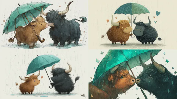 一只棕色和一只黑色的高地牛，在浪漫的雨中共享一把大的蓝绿色雨伞，可爱浪漫的卡通插画风格，精致的数字绘画，详细的皮毛线条，使用高对比度的调色板并带有一点蓝绿色的点缀，白色背景，充满甜蜜温馨的有爱氛围
