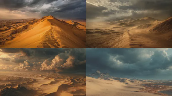 长城蜿蜒穿越金黄沙丘，暴风云压境，写实电影风格，青铜色调与沙色交织，广角镜头，低角度拍摄，动态天空，强烈对比，沙尘弥漫，史诗感，远眺视角，细节丰富，风暴光线，沧桑质感，岩石纹理，孤独氛围，历史厚重感，电影级光影，自然力量，沙丘曲线，乌云翻滚，大地色系。