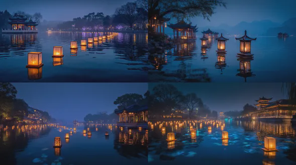 漂浮灯笼，深蓝夜空，湖面倒影，远处阁楼，梦幻中式夜景，对称构图，冷色调，长曝光，广角镜头，柔光，水面波纹，传统建筑，灯笼暖光，宁静氛围，细节丰富，高动态范围，低角度拍摄，朦胧雾气，诗意意境，静谧美感。