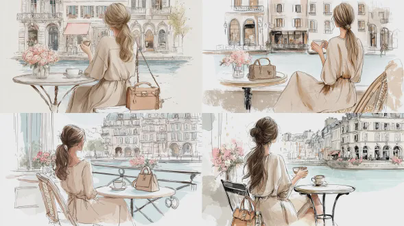 一幅优雅的时尚插画，展现一位女子坐在水边的小咖啡馆桌旁，从背后视角，棕色长发低马尾，身着飘逸的中性米色连衣裙，呈现出 feminine且精致的轮廓，手持咖啡杯，姿态放松优雅。巴黎/欧洲风格的咖啡馆环境，临近运河或水边，背景中柔和的建筑以浅素描线稿风格绘制，建筑细节简约，色彩调色板柔和，包含柔和的粉红色、米色、奶油色和浅蓝色调。圆形咖啡馆桌上有一小束粉色花朵和一个设计师风格手提包，细节精致不杂乱。大型拱形窗户或阳台框住场景。插画风格是干净的时尚速写混合柔和水彩填充，轮廓流畅， minimal shading，具高端生活方式插画美学，展现现代女性优雅，属奢华时尚艺术风格，氛围平静浪漫。背景为白色或极浅色调，构图通透，无强烈对比，无写实感，无照片写实效果，无纹理噪点，无文字标志，垂直构图，适合作为室内装饰的墙面艺术插画