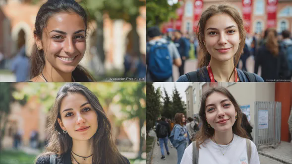 一张18到21岁之间迷人的年轻女子的照片。她是土耳其人，身材苗条。她在大学校园里摆姿势拍照。她有椭圆形的脸；平衡，长度略大于宽度；轮廓柔和，平滑地逐渐变细；适中、圆润的下巴；高颧骨且柔和突出。她有直的、中等质地的头发；高密度、健康的头皮；深棕色，几乎呈黑色，有均匀、略有弧度的发际线。她的眉毛柔和上扬且修剪整齐；中等厚度，浓密且对称。她有杏仁眼，略带正的内眦倾斜；有明显的眼睑褶皱，深棕色的虹膜；间距适中。她的鼻子笔直，中等宽度，鼻尖圆润，角度适中；从正面看鼻孔略显可见；大小与脸部成比例。她有饱满、平衡的嘴唇，有明显的人中柱；清晰的丘比特弓；微微微笑，温和。她的脖子纤细光滑。她化着妆，但呈现出“自然、无妆感”的效果。她的肤色温暖，毛孔细腻可见，没有明显的瑕疵或疤痕