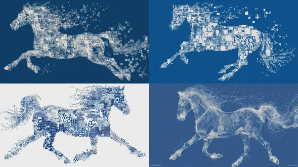 创建一匹完全由ascii风格字符构成的马：由x、o和正方形框（□）组成，白色字符置于蓝色背景上。马呈侧影或动态姿势，轮廓有机且略带不规则。利用三种字符的不同密度与图案，框构成身体和腿的实体部分，o形成鬃毛、尾巴及肌肉细节的圆形或点状纹理，x构成纹理区域与阴影的交叉影线图案。在构图中改变字符的大小与聚集情况。身体密集，鬃毛、尾巴等边缘稀疏分散以现动感。字符具像素化、算法化外观，边缘粗糙不规则。整体似由打字机或ascii艺术元素构建，有故障艺术、程序生成美学。混合框构成的白色实心区与o、x的纹理区以增深度、维度与视觉趣味。马显威严且具数字感，仿若从生成算法奔出。借字符密度变化展现马的解剖、飘动鬃毛与强大气势，风格同原始图，蓝底白字。