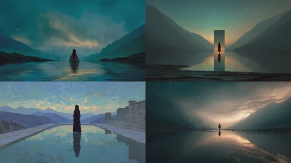 黄昏时分超写实的神话场景。一个孤独的人影伫立在广阔高山山谷中的浅滩反光水域里。视角居中且对称。人影从背后可见，完全是人类，直立，平静。黑色长发可见，自然垂落背部。身体显得沉稳、尊严、威严。人影前方立着一面与地平线对齐的高大独立镜子。镜子反射出宁静的宇宙天空，深蓝、柔和青绿色，远处星星微妙且明亮，仿佛宇宙悄然存在。周围景观：古老的石山，被时光柔化，向深处延伸。上方天空广阔，有层层云朵和星光，绘成靛蓝、暮光蓝、柔和金色和清凉青绿色。人影脚下的水以轻柔涟漪映出场景，增添深度与静谧。色彩调色板：深蓝、青绿色、黄昏金色、石灰色、柔和宇宙光芒。氛围：神话现实主义，虔诚、永恒、沉着。氛围：寂静、庄重、存在。