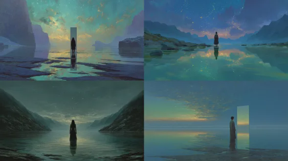 黄昏时分超写实的神话场景。一个孤独的人影伫立在广阔高山山谷中的浅滩反光水域里。视角居中且对称。人影从背后可见，完全是人类，直立，平静。黑色长发可见，自然垂落背部。身体显得沉稳、尊严、威严。人影前方立着一面与地平线对齐的高大独立镜子。镜子反射出宁静的宇宙天空，深蓝、柔和青绿色，远处星星微妙且明亮，仿佛宇宙悄然存在。周围景观：古老的石山，被时光柔化，向深处延伸。上方天空广阔，有层层云朵和星光，绘成靛蓝、暮光蓝、柔和金色和清凉青绿色。人影脚下的水以轻柔涟漪映出场景，增添深度与静谧。色彩调色板：深蓝、青绿色、黄昏金色、石灰色、柔和宇宙光芒。氛围：神话现实主义，虔诚、永恒、沉着。氛围：寂静、庄重、存在。