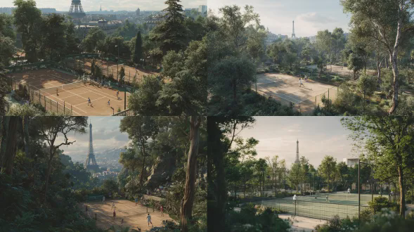 超写实专业网球新闻摄影。一名成年男子、一名成年女子和一名儿童一起打网球的动态场景。面部清晰可见，自然表情，真实的人类运动员。户外网球场被茂密的绿色植物、树木和植被环绕。远处背景可见埃菲尔铁塔，比例较小，位于图像的左上角。自然日光，中性光线，无电影特效。真实色彩，清新绿色，自然肤色。真实的体育瞬间，清晰对焦，细微运动模糊。纪录片风格的网球摄影，高端但低调。看起来像是在巴黎官方网球赛事期间拍摄的真实照片