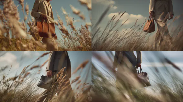 时尚编辑细节特写，聚焦上半身与手提包，身着简约套装的女子穿行于高草间，飘动的织物在运动中被定格，手持结构感皮革包自然摆动，以腰平角度拍摄，裁剪构图不露脸部，动态构图凸显运动感，自然阳光搭配柔和背光，织物与草有轻柔运动模糊，略带不完美锐度，低对比度胶片风格色彩分级，柔和高光，呈现温暖中性色调，精细模拟胶片颗粒，具电影般柔和感，属奢华时尚编辑风格，无工作室灯光，无人工锐度