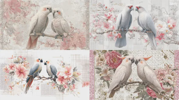 一对美丽的鹦鹉站在树枝上，深情地凝视着彼此，周围环绕着鲜花和珍珠。设计为3d风格，背景为白色，角落点缀着粉色花卉图案，整体有白色网格图案。每个小块上的复杂细节展现出银色金属质感与闪烁宝石的融合，营造出惊人的视觉效果。该设计利用焦点堆叠和马赛克艺术技巧为你的数字剪贴簿页面增添深度。透明背景