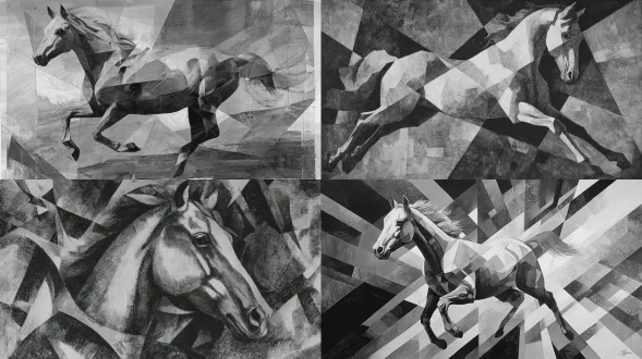立体主义风格描绘运动的马，黑白画作，几何分割，动态线条，抽象形态，多视角重叠，强烈对比，粗犷笔触，平面构图，立体感，现代艺术，简洁背景，动感强烈，锐利边缘，明暗交错，动态模糊效果，视觉冲击力