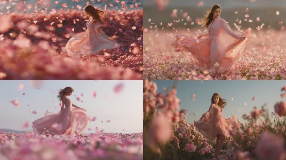 穿着粉色连衣裙的女孩在粉色花海中跳舞，优雅旋转，飘逸裙摆，甜美笑容，柔美光线，梦幻花海，浅景深，柔和色调，自然光，黄金时刻，长焦镜头，逆光，花瓣飘落，轻盈舞步，浪漫氛围，粉白配色，温暖情感