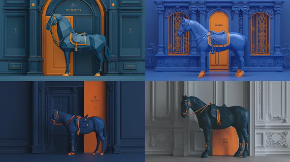 极简主义与平面设计，这幅极简风格的平面海报以雕塑感的深蓝色骏马为核心元素，置于经典极简门框前和明亮的橙色“seame”大门前。骏马的几何造型营造出立体雕塑感。构图对称，骏马居于中心。色彩方案以深蓝色和鲜艳的爱马仕橙色为主，形成鲜明对比。骏马的缰绳、马鞍和蹄子点缀橙色细节，呼应橙色大门。雕刻的门框唤起古典建筑细节。极简3d渲染风格融合古典雕塑元素。简洁字体和爱马仕标志置于橙色大门中心。这种高端奢华美学体现了现代简约与古典优雅的融合，精致的色彩搭配打造高端品牌海报设计